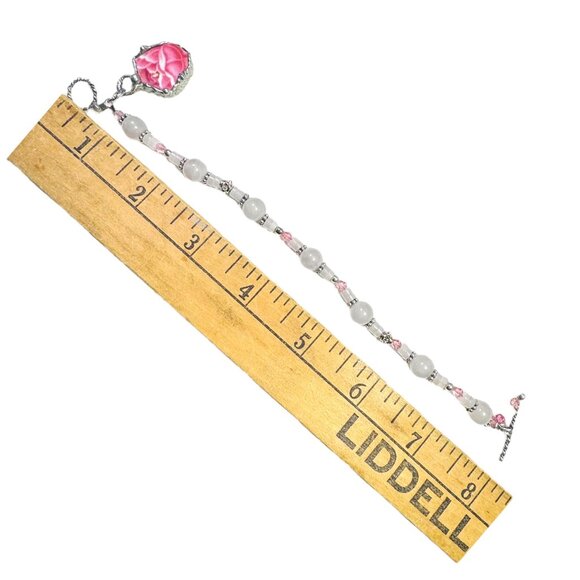 Vintage Pink Rose Quartz Bracelet W/ Upcycled Broken China Charm & 925 Toggle - Picture 11 of 15